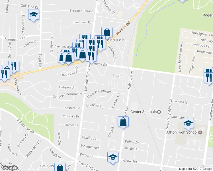 map of restaurants, bars, coffee shops, grocery stores, and more near 7100 Fernbrook Drive in Affton
