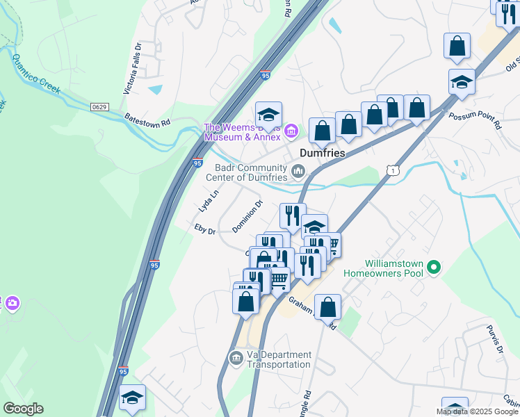 map of restaurants, bars, coffee shops, grocery stores, and more near 4001 Dominion Drive in Dumfries