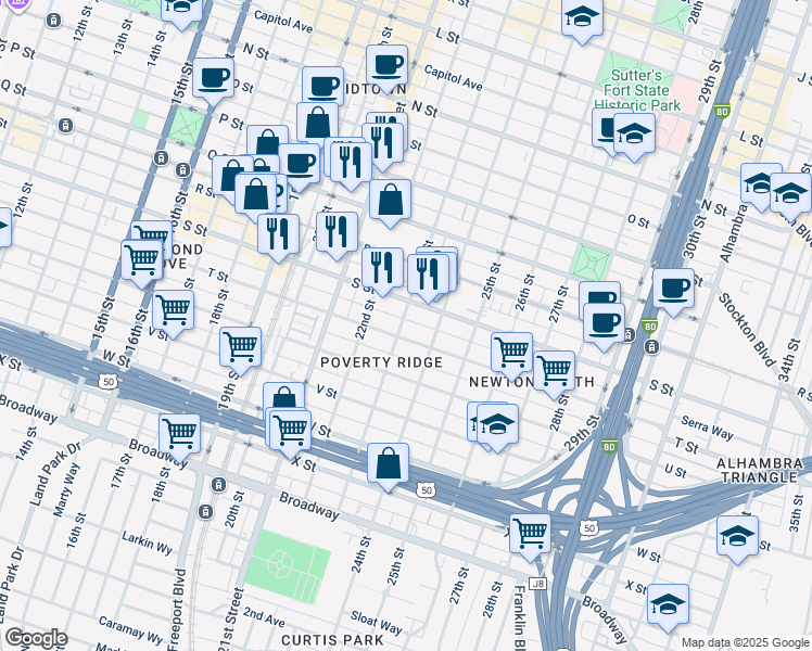 map of restaurants, bars, coffee shops, grocery stores, and more near 1921 23rd Street in Sacramento