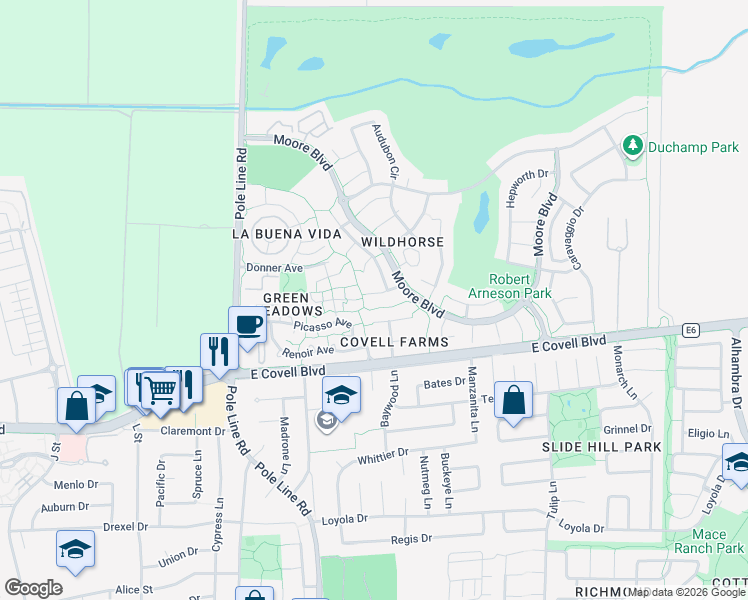 map of restaurants, bars, coffee shops, grocery stores, and more near 1808 Raphael Place in Davis
