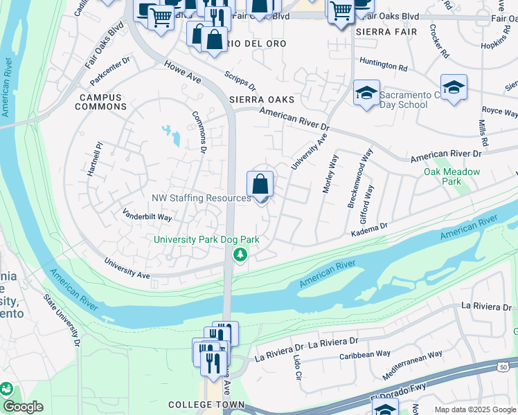 map of restaurants, bars, coffee shops, grocery stores, and more near 100 Howe Avenue in Sacramento