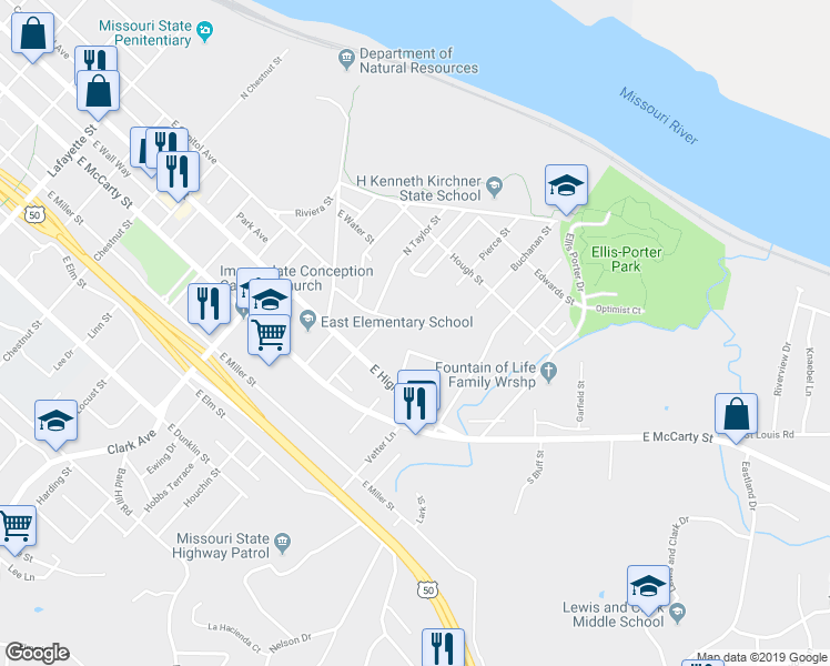 map of restaurants, bars, coffee shops, grocery stores, and more near 1400 Karen Drive in Jefferson City