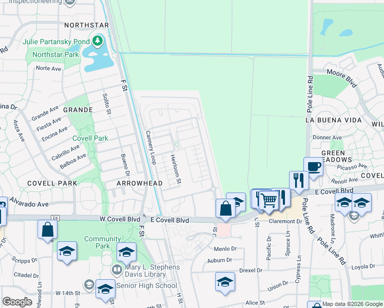 map of restaurants, bars, coffee shops, grocery stores, and more near 1061 Golden Sunray Terrace in Davis