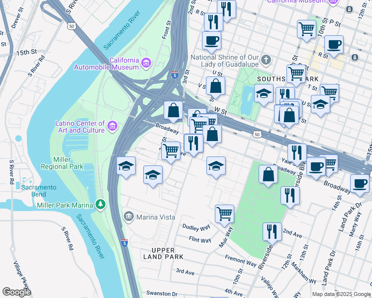 map of restaurants, bars, coffee shops, grocery stores, and more near 425 1st Avenue in Sacramento