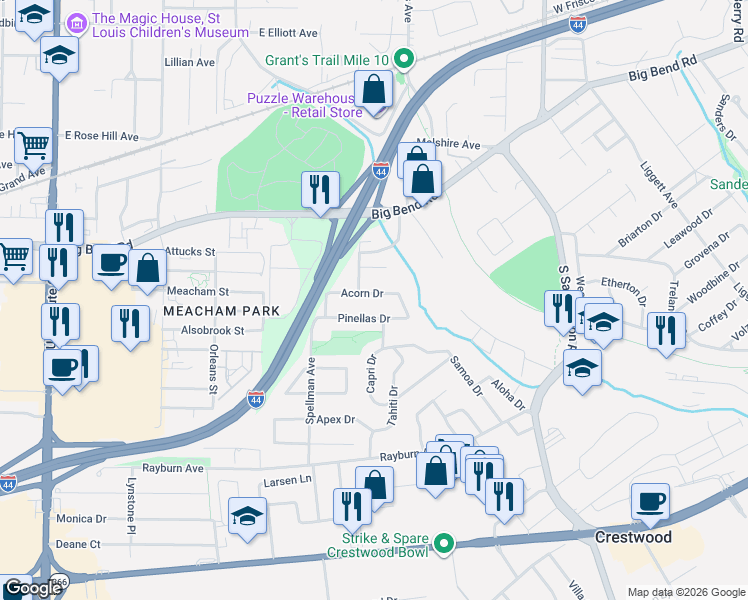 map of restaurants, bars, coffee shops, grocery stores, and more near 612 Acorn Drive in St. Louis