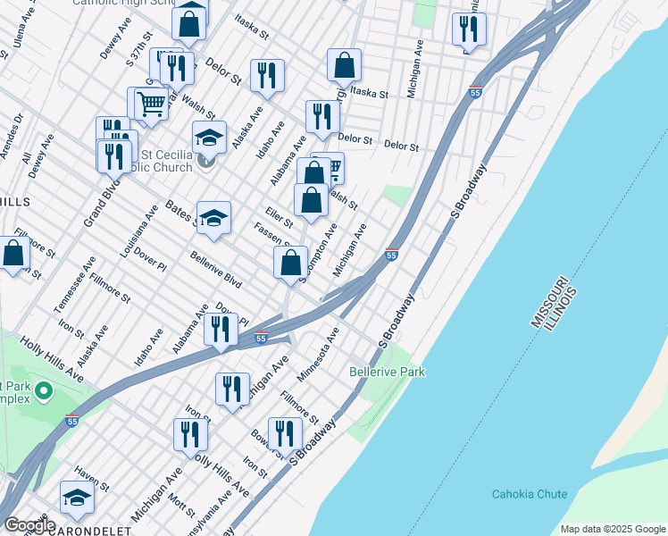 map of restaurants, bars, coffee shops, grocery stores, and more near 5415 Michigan Avenue in St. Louis