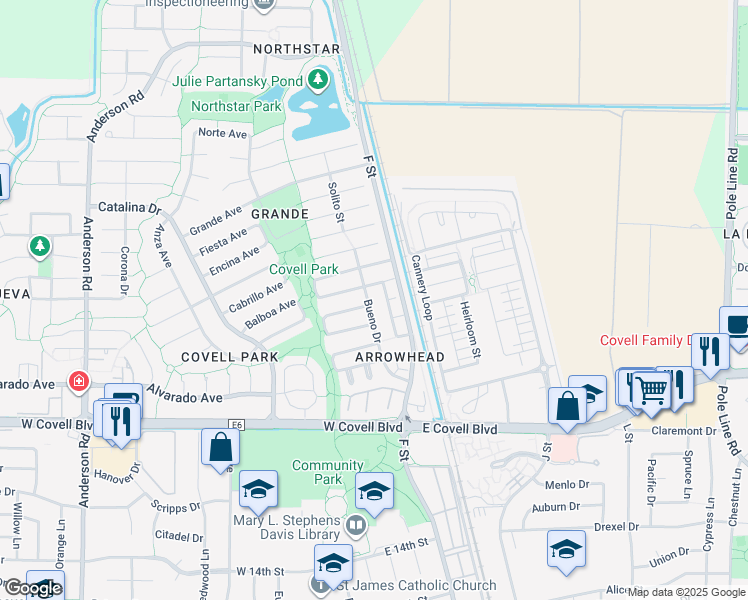 map of restaurants, bars, coffee shops, grocery stores, and more near 2606 Bueno Drive in Davis