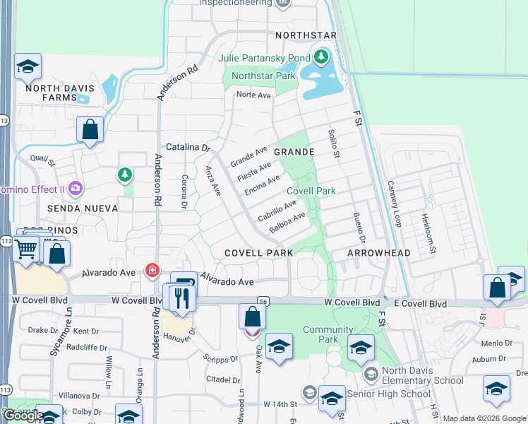 map of restaurants, bars, coffee shops, grocery stores, and more near 421 Cabrillo Avenue in Davis