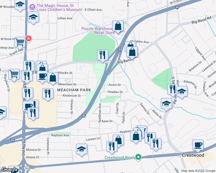 map of restaurants, bars, coffee shops, grocery stores, and more near 508 Acorn Drive in St. Louis