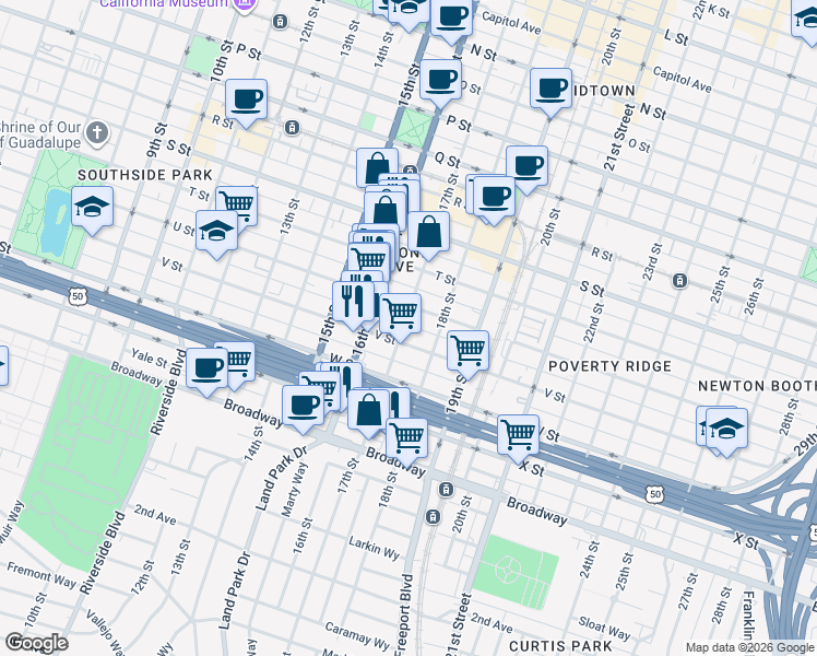 map of restaurants, bars, coffee shops, grocery stores, and more near 2126 17th Street in Sacramento