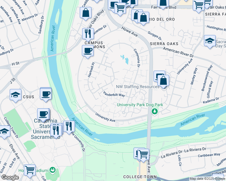 map of restaurants, bars, coffee shops, grocery stores, and more near 1124 Vanderbilt Way in Sacramento