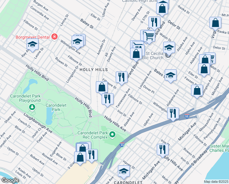 map of restaurants, bars, coffee shops, grocery stores, and more near 6113 South Grand Boulevard in St. Louis