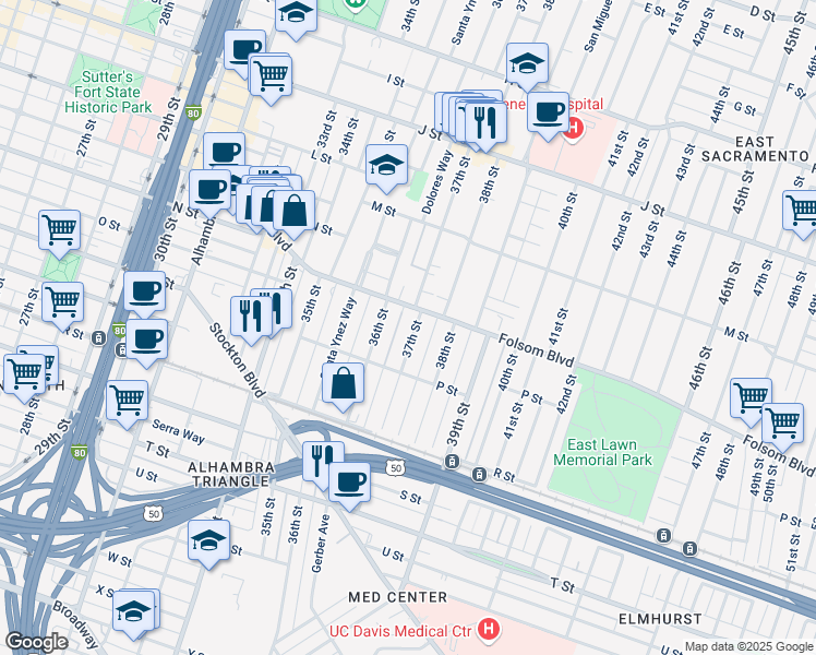 map of restaurants, bars, coffee shops, grocery stores, and more near 1516 37th Street in Sacramento
