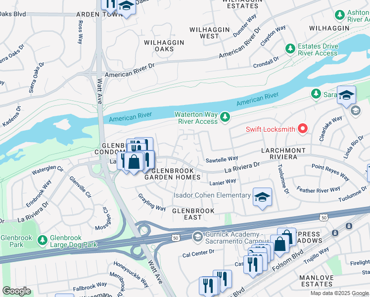map of restaurants, bars, coffee shops, grocery stores, and more near 8716 Woodman Way in Sacramento