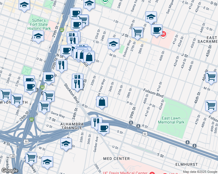 map of restaurants, bars, coffee shops, grocery stores, and more near 1532 36th Street in Sacramento