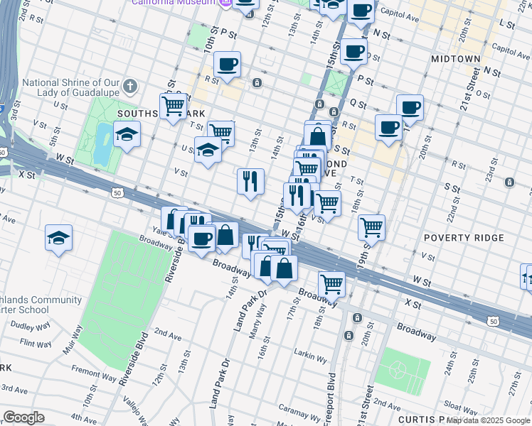 map of restaurants, bars, coffee shops, grocery stores, and more near 2216 14th Street in Sacramento