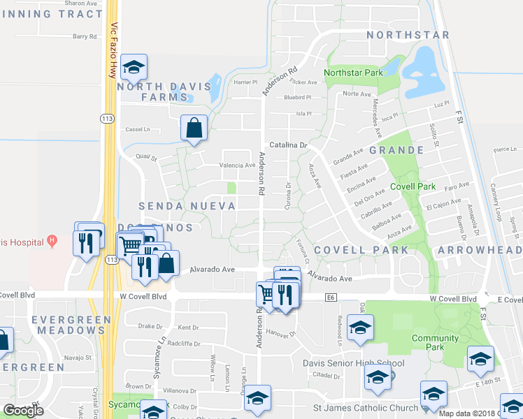 map of restaurants, bars, coffee shops, grocery stores, and more near 2298 Anderson Road in Davis