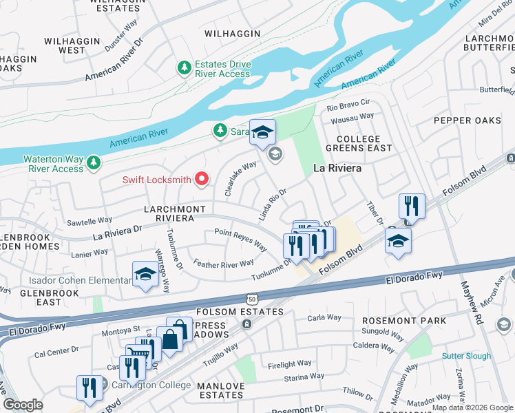 map of restaurants, bars, coffee shops, grocery stores, and more near 2629 Cedaridge Way in Sacramento