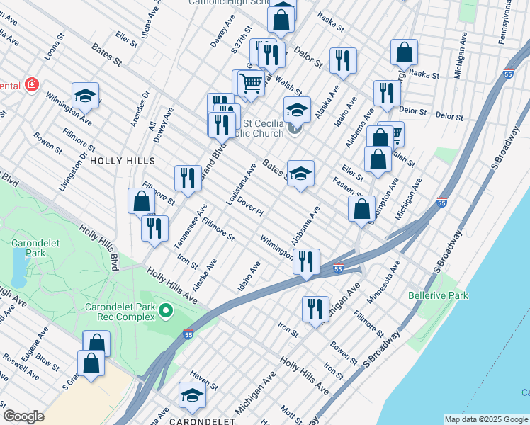 map of restaurants, bars, coffee shops, grocery stores, and more near 901 Dover Place in St. Louis