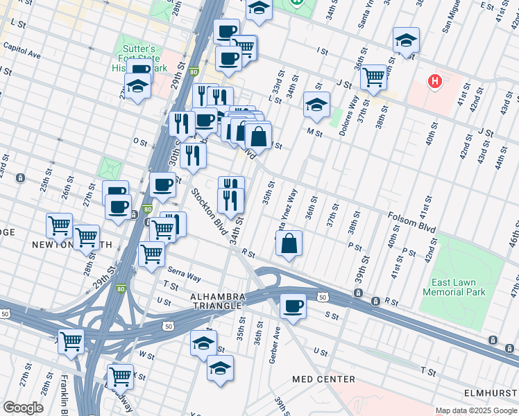 map of restaurants, bars, coffee shops, grocery stores, and more near 1562 35th Street in Sacramento