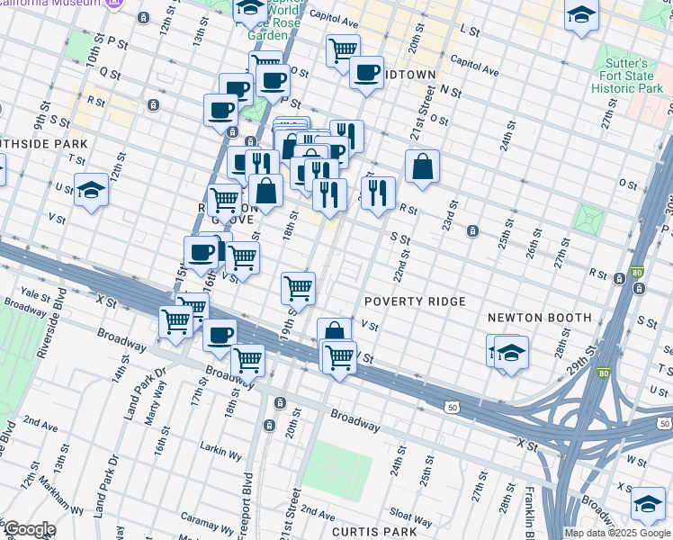 map of restaurants, bars, coffee shops, grocery stores, and more near 2028 20th Street in Sacramento