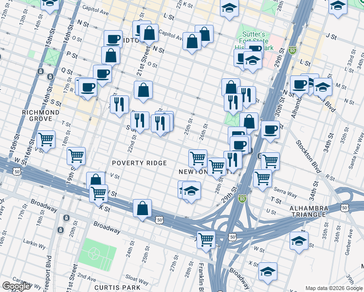 map of restaurants, bars, coffee shops, grocery stores, and more near 2500 S Street in Sacramento