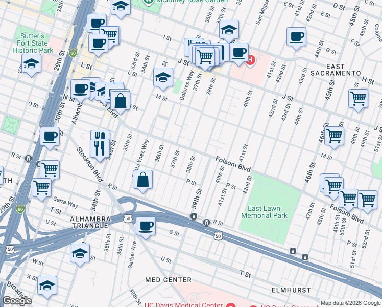 map of restaurants, bars, coffee shops, grocery stores, and more near 1508 38th Street in Sacramento