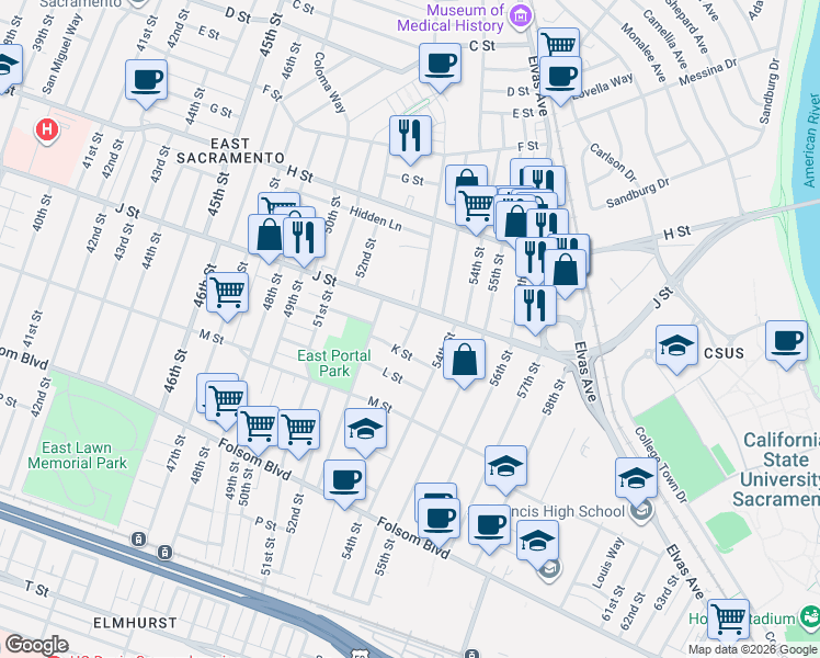 map of restaurants, bars, coffee shops, grocery stores, and more near 1015 53rd Street in Sacramento