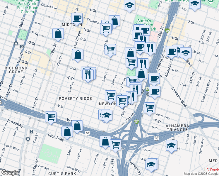 map of restaurants, bars, coffee shops, grocery stores, and more near 1821 26th Street in Sacramento