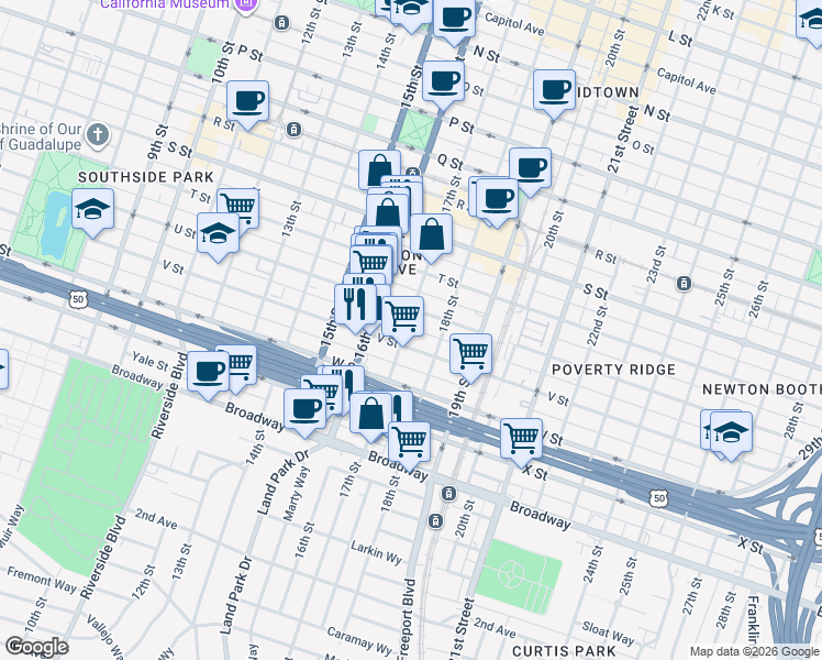 map of restaurants, bars, coffee shops, grocery stores, and more near 2126 17th Street in Sacramento