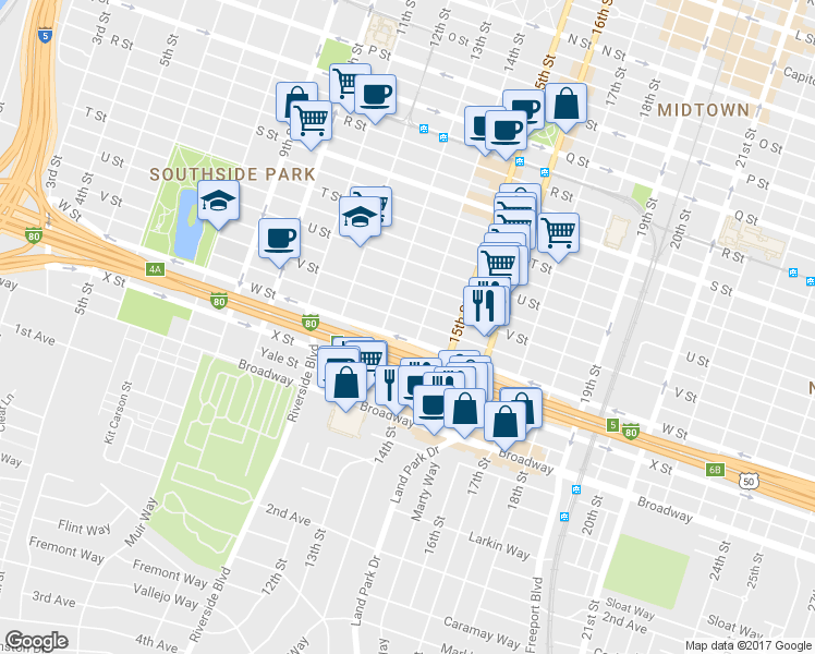 map of restaurants, bars, coffee shops, grocery stores, and more near 2216 14th Street in Sacramento