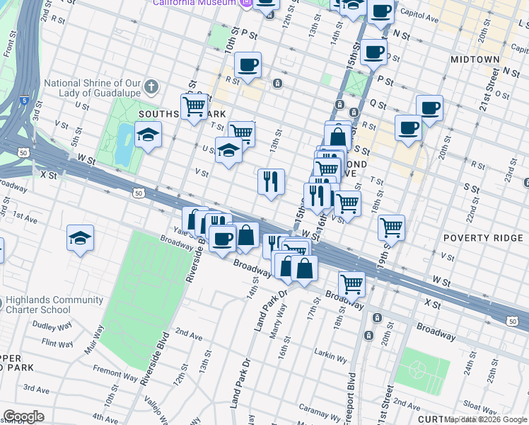 map of restaurants, bars, coffee shops, grocery stores, and more near 2216 14th Street in Sacramento