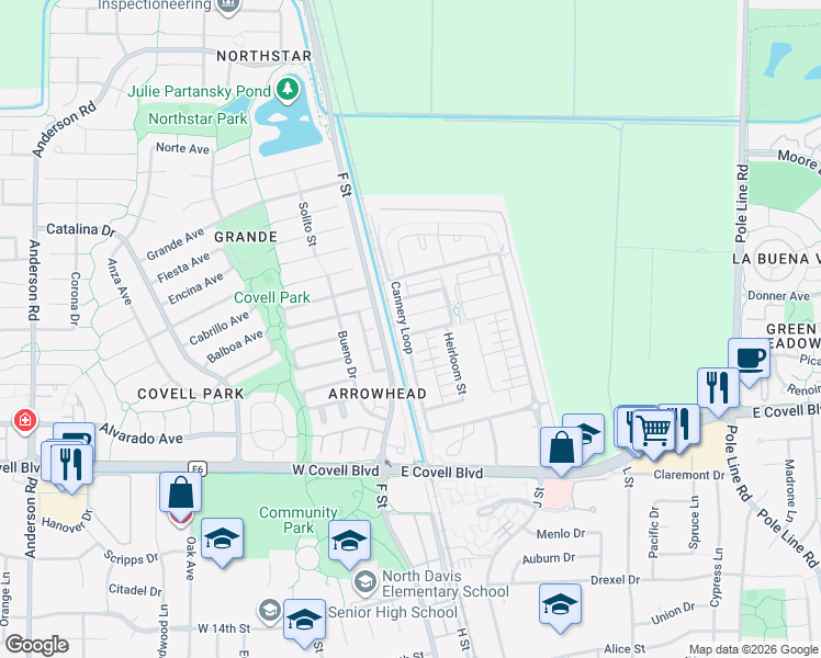 map of restaurants, bars, coffee shops, grocery stores, and more near 945 Sparks Lane in Davis