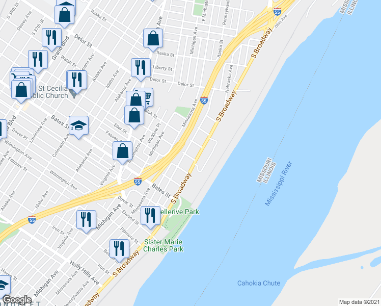 map of restaurants, bars, coffee shops, grocery stores, and more near 5217 South Broadway in St. Louis