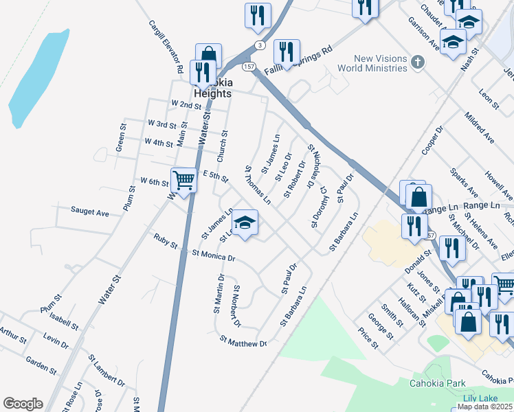 map of restaurants, bars, coffee shops, grocery stores, and more near 507 East 5th Street in Cahokia
