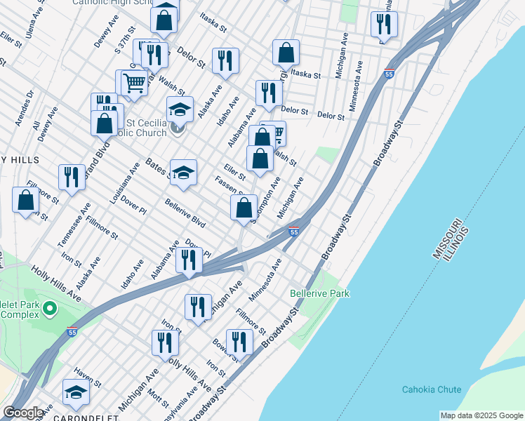 map of restaurants, bars, coffee shops, grocery stores, and more near 427 Fassen Street in St. Louis