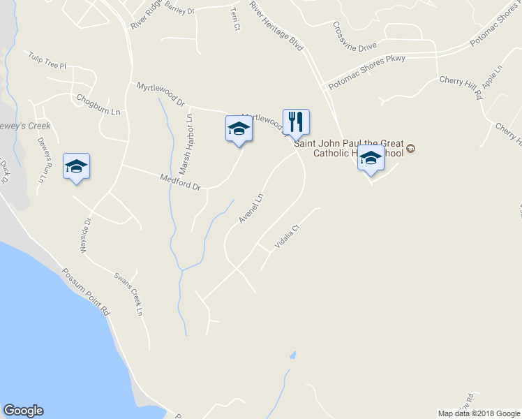 map of restaurants, bars, coffee shops, grocery stores, and more near 17705 Avenel Lane in Dumfries