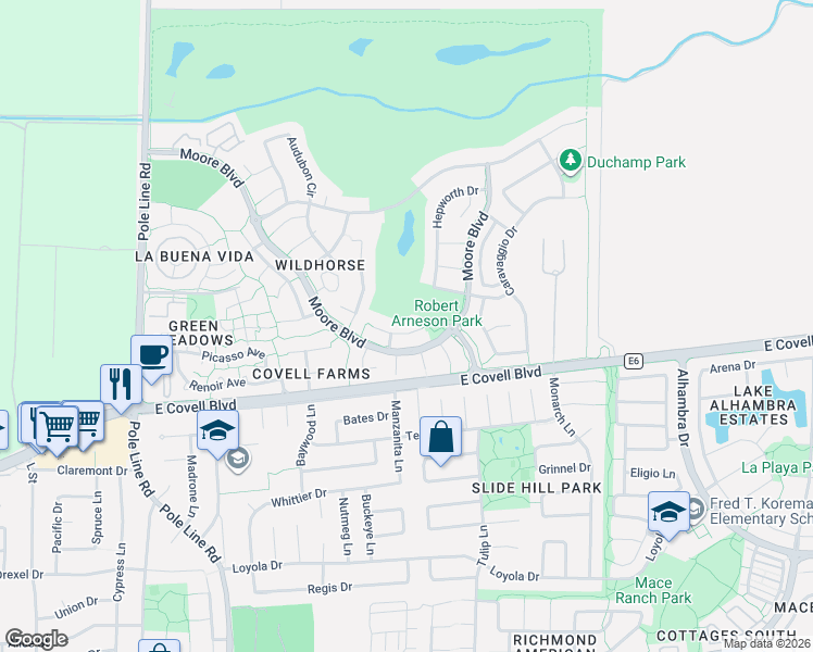 map of restaurants, bars, coffee shops, grocery stores, and more near 2715 Calder Court in Davis