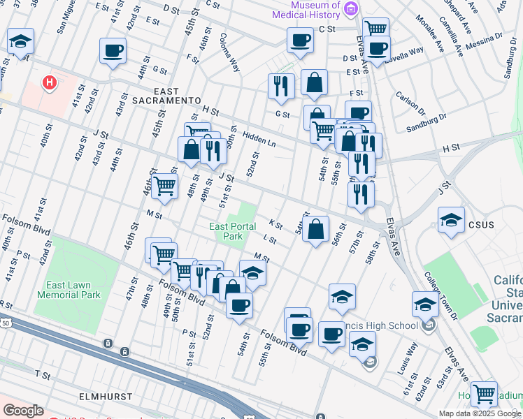 map of restaurants, bars, coffee shops, grocery stores, and more near 1065 Rodeo Way in Sacramento