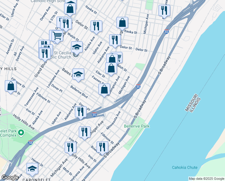 map of restaurants, bars, coffee shops, grocery stores, and more near 5415 Michigan Avenue in St. Louis