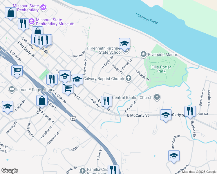 map of restaurants, bars, coffee shops, grocery stores, and more near 1404 Karen Drive in Jefferson City