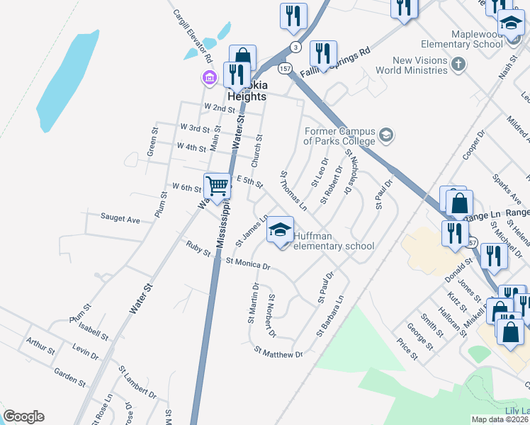 map of restaurants, bars, coffee shops, grocery stores, and more near 511 Saint James Lane in Cahokia