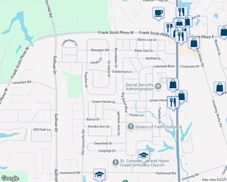 map of restaurants, bars, coffee shops, grocery stores, and more near 233 Bourdelais Drive in Belleville