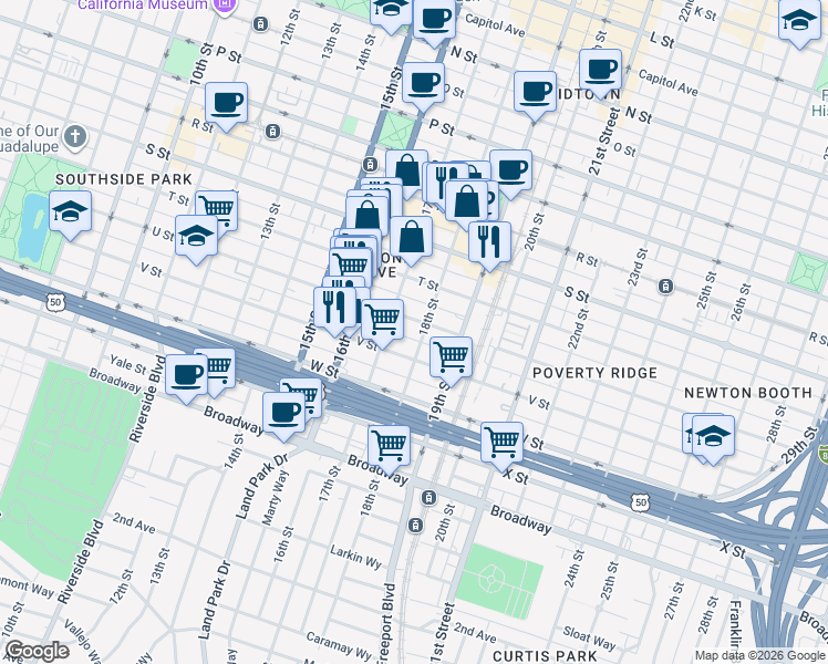 map of restaurants, bars, coffee shops, grocery stores, and more near U Street V Street Alley in Sacramento