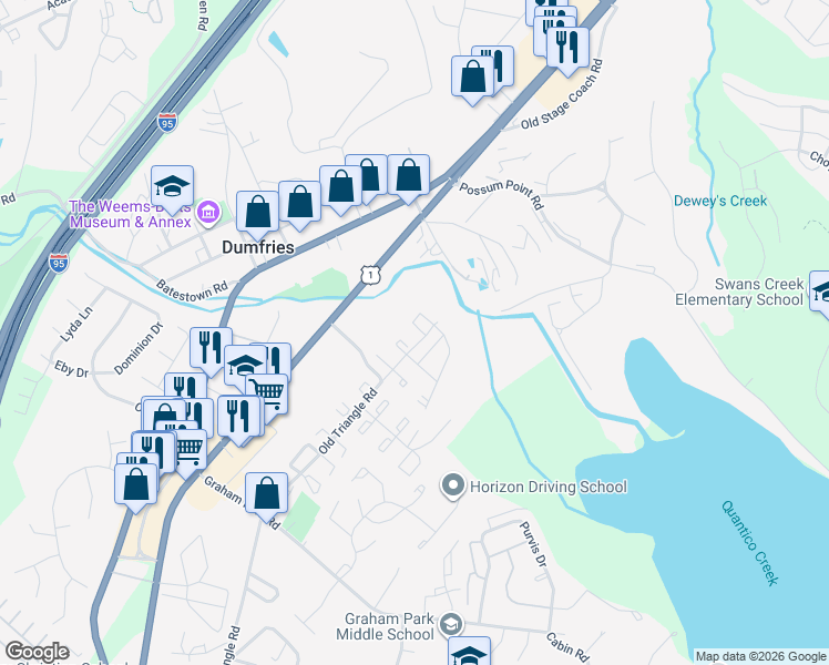map of restaurants, bars, coffee shops, grocery stores, and more near 3635 Dahlgren Place in Dumfries