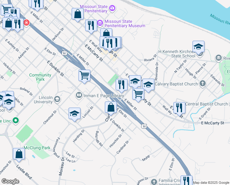 map of restaurants, bars, coffee shops, grocery stores, and more near 1112 East Miller Street in Jefferson City