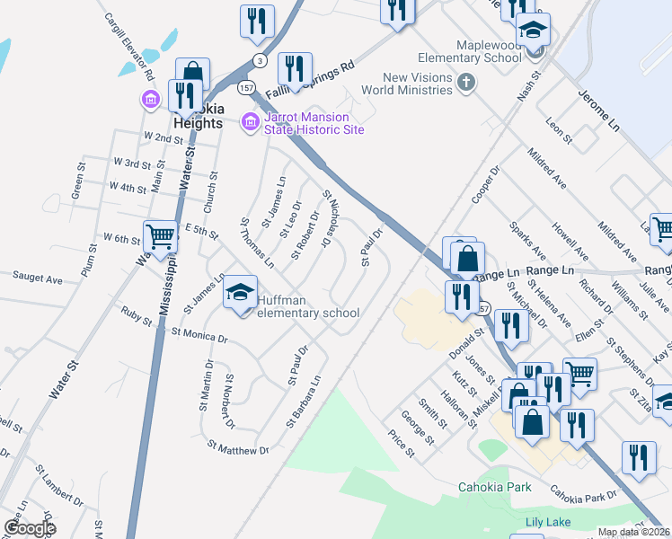 map of restaurants, bars, coffee shops, grocery stores, and more near 118 Saint Dorothy Drive in Cahokia