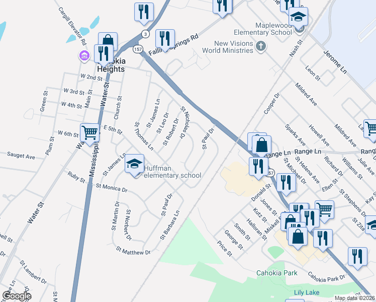 map of restaurants, bars, coffee shops, grocery stores, and more near 118 Saint Dorothy Drive in Cahokia