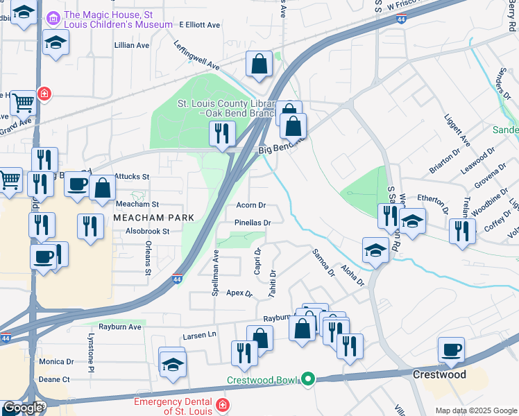 map of restaurants, bars, coffee shops, grocery stores, and more near 612 Acorn Drive in St. Louis