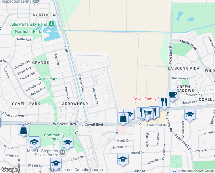 map of restaurants, bars, coffee shops, grocery stores, and more near 1061 Golden Sunray Terrace in Davis
